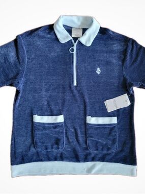 Massive Luxury Retro Leisure Navy & White Short-Sleeve Chenille Polo Sweater